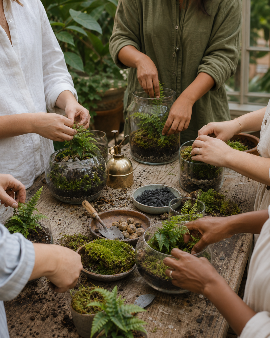 Guests making terrariums at a garden table